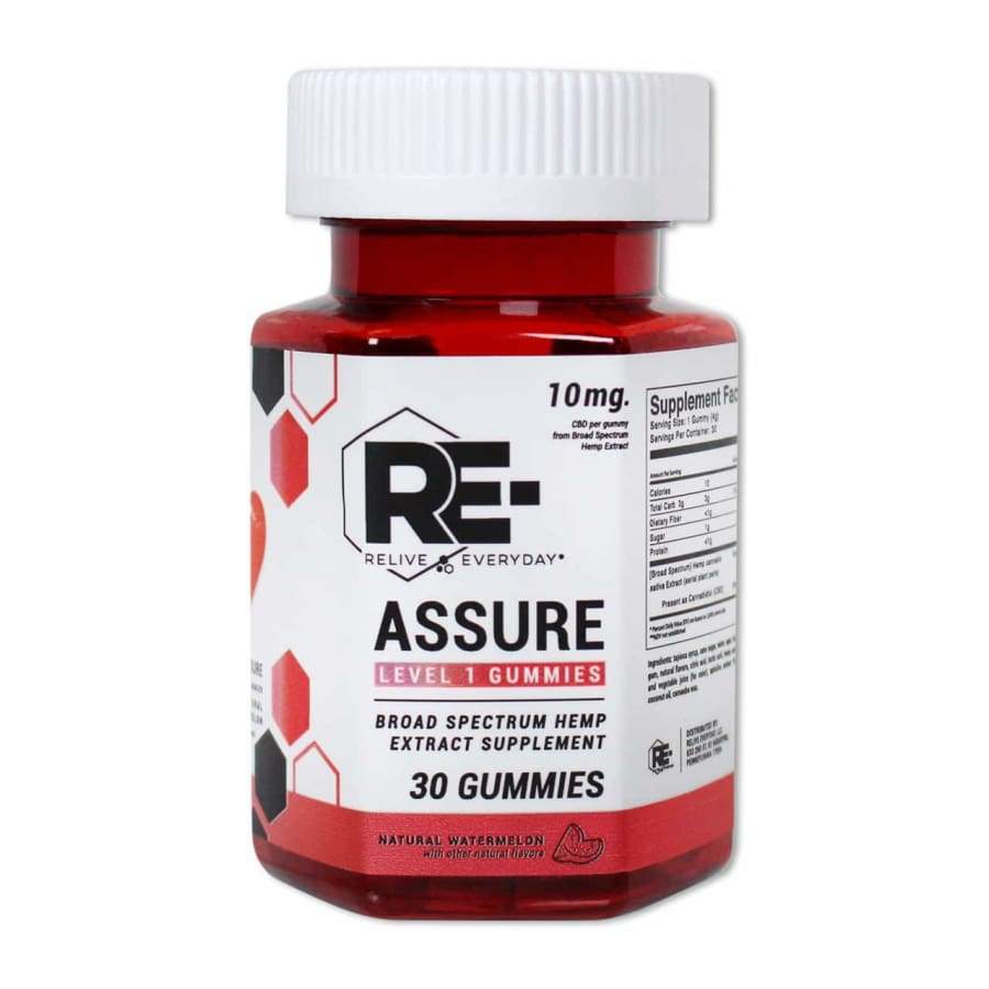 Relive Everyday | RE-Assure Natural Watermelon Hemp Extract Vegan CBD Gummies (30ct 300mg) - CBD Gummies